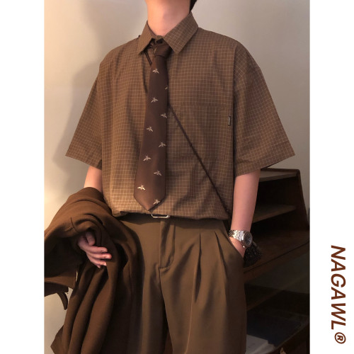 NAGAWL2026夏季日系复古休闲格纹衬衫男宽松百搭cleanfit短袖上衣