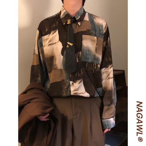 NAGAWL2026春季美式复古中性风印花长袖衬衫男宽松港风艺术感上衣