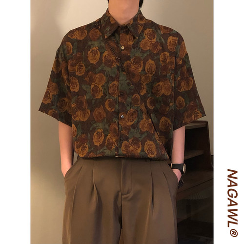 NAGAWL2025春季美式复古潮牌设计感花卉满印短袖衬衫高级感上衣男