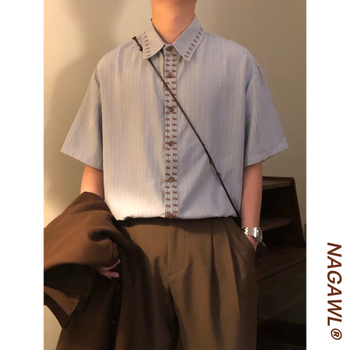 NAGAWL2026夏季美式复古学院风刺绣条纹衬衫男女宽松百搭潮牌衬衣