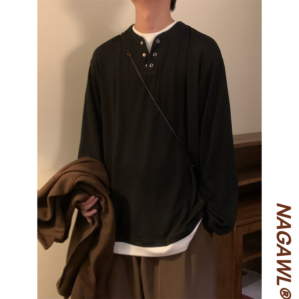 NAGAWL2025秋季美式复古宽松日系拼接假两件痞帅长袖T恤上衣男潮