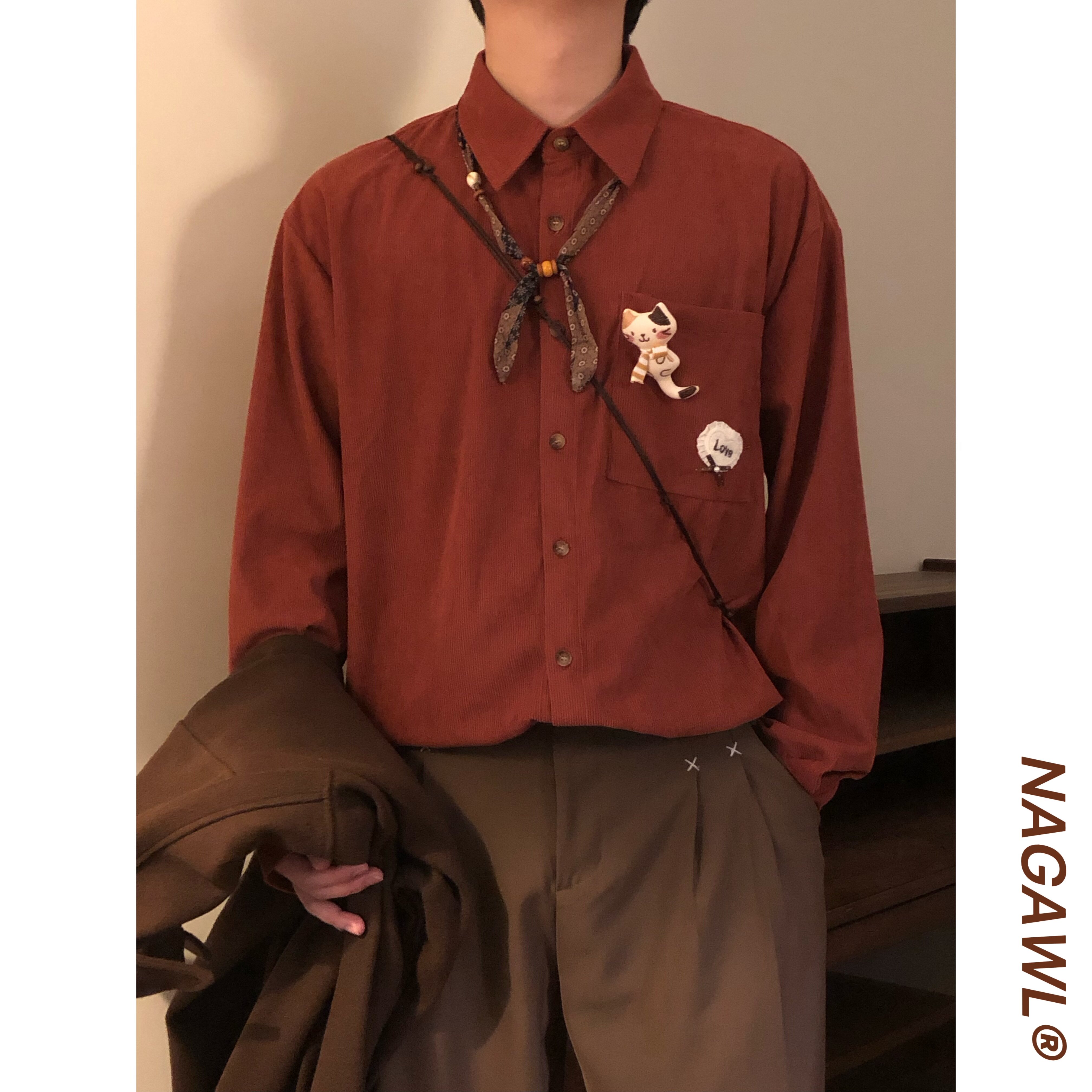 NAGAWL2026秋季复古肌理小猫配饰衬衫oversize复古氛围感长袖衬衣图片