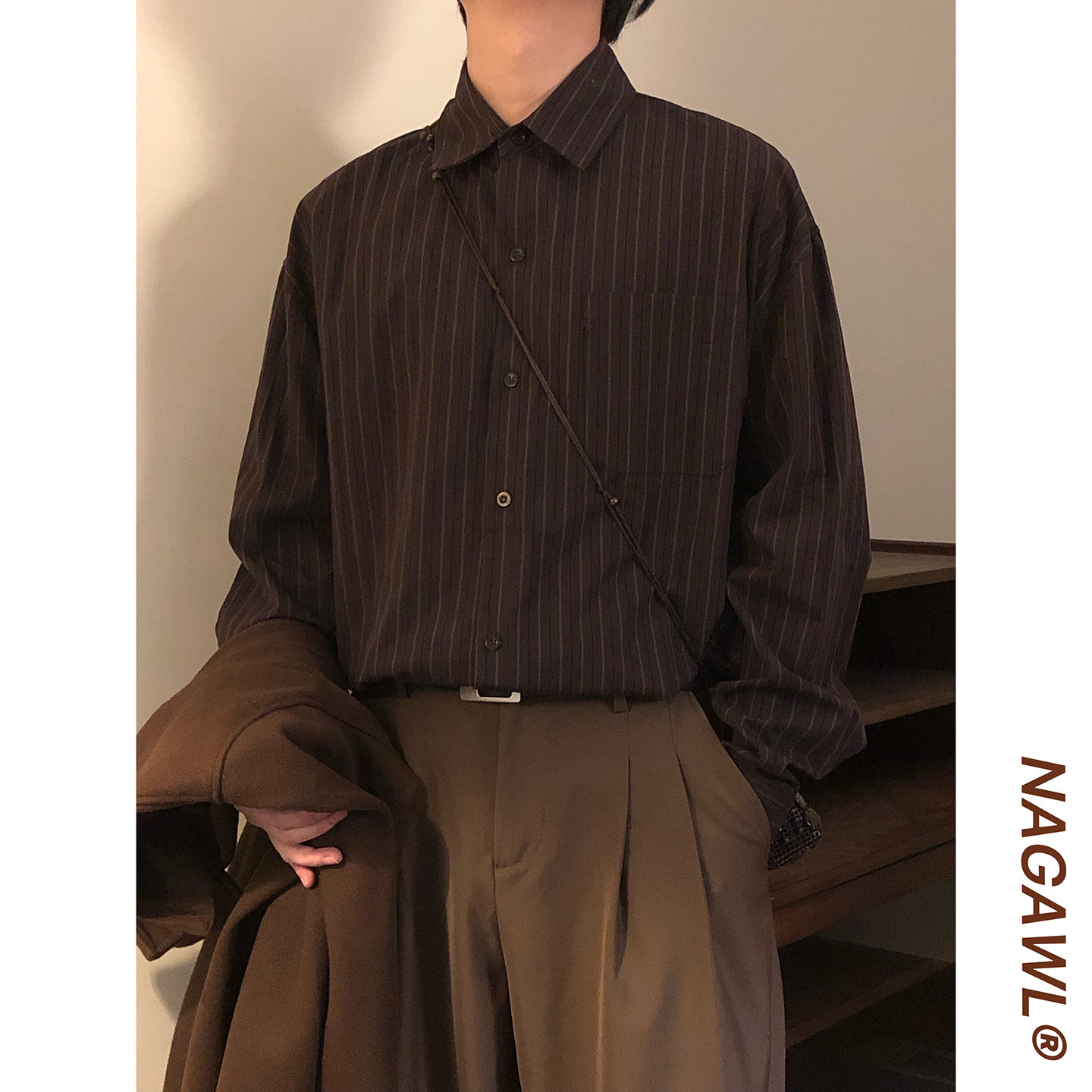 NAGAWL2026春季美式复古休闲风条纹设计感长袖衬衫男宽松百搭上衣图片