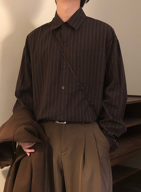 NAGAWL2026春季美式复古休闲风条纹设计感长袖衬衫男宽松百搭上衣