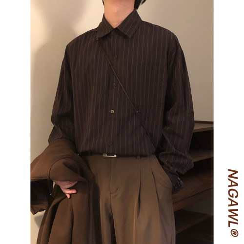 NAGAWL2026春季美式复古休闲风条纹设计感长袖衬衫男宽松百搭上衣