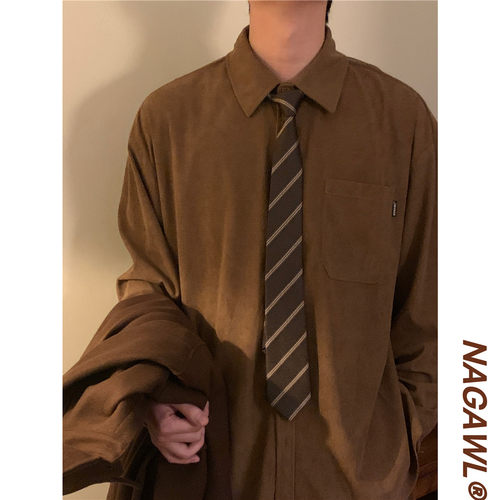 NAGAWL2025年春季新款美式复古学院风纯色高级感美拉德长袖衬衫男