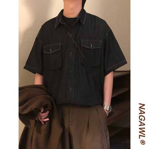 NAGAWL夏季美式复古潮牌纯色休闲宽松街头工装牛仔短袖衬衫上衣男