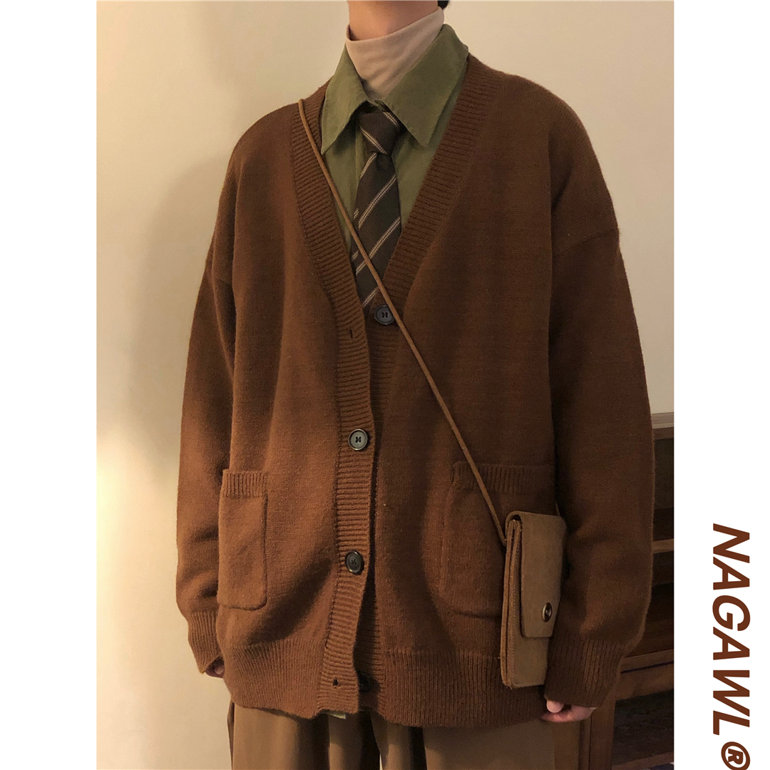 NAGAWL2023秋季新款宽松美式复古学院风日系针织衫开衫毛衣外套男