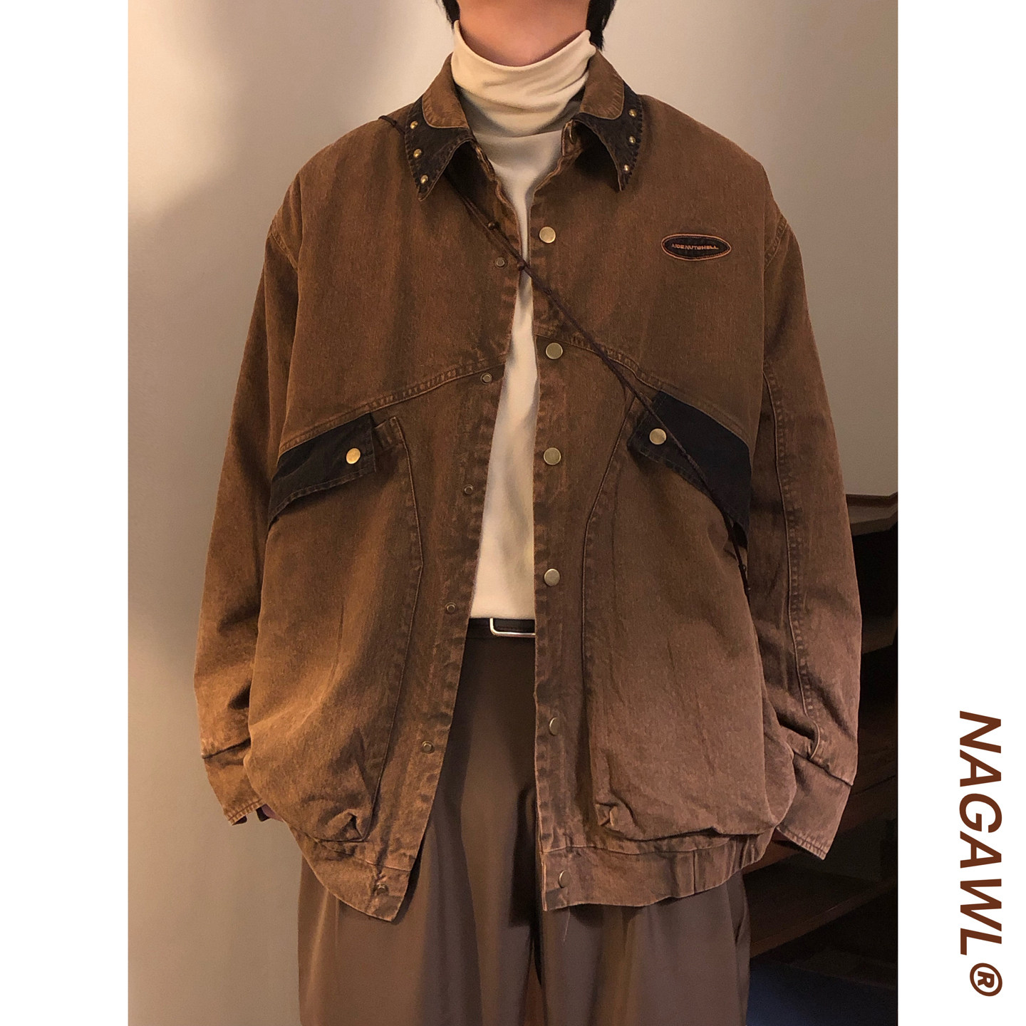 NAGAWL冬季美式复古痞帅撞色拼接夹棉工装翻领牛仔夹克棉服外套男,男装,棉衣,淘宝优惠券,粉丝福利购,淘宝优惠卷