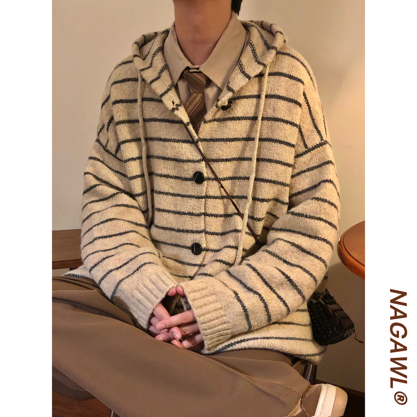 NAGAWL冬季美式复古潮牌休闲宽松百搭条纹连帽针织开衫毛衣外套男