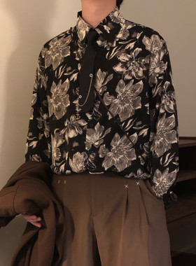 NAGAWL2026复古水墨大花长袖衬衫男美式复古oversize潮牌百搭衬衣