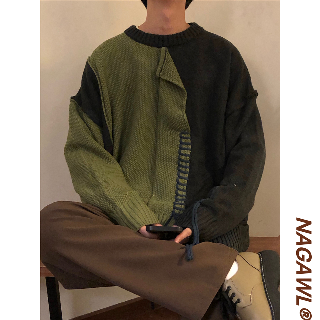 NAGAWL2025秋冬新款宽松美式复古潮牌套头设计感拼色毛衣针织衫男
