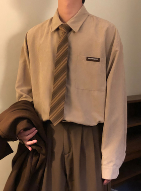 NAGAWL港风休闲新款宽松美式复古长袖衬衫男纯色百搭打底衫高级感