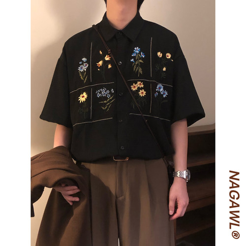 NAGAWL夏季日系复古休闲宽松百搭花卉刺绣华夫格短袖衬衫上衣男女