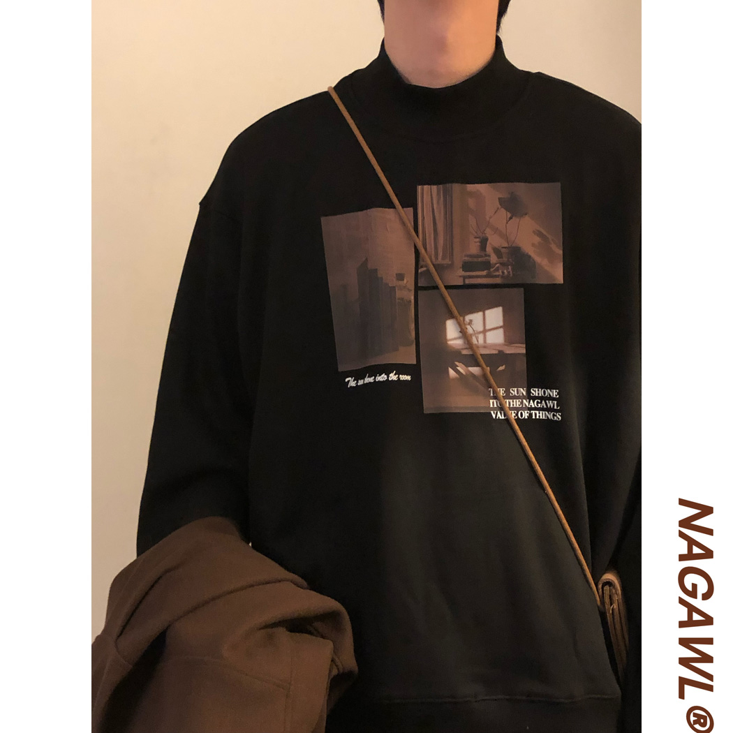 NAGAWL2025秋美式复古宽松潮牌街头痞帅重磅半高领圆领套头卫衣男