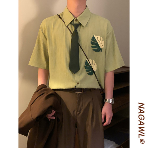NAGAWL2026夏季美式复古植物刺绣衬衫男宽松百搭cleanfit短袖上衣