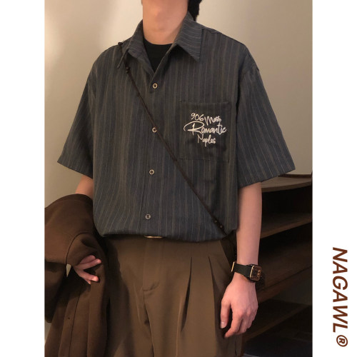 NAGAWL夏季美式复古学院风百搭休闲条纹刺绣设计感短袖衬衫上衣男