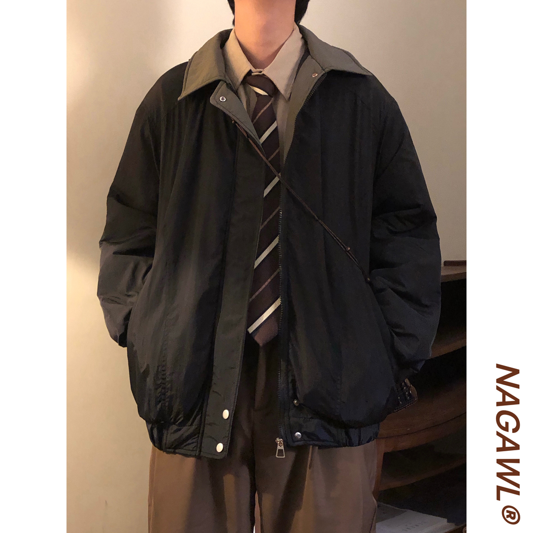 NAGAWL冬季美式复古潮牌街头咖色休闲撞色翻领加厚棉衣棉服外套男