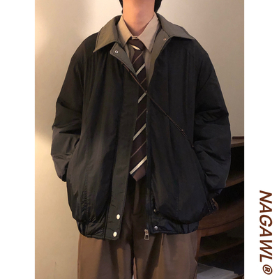 NAGAWL冬季美式复古潮牌街头咖色休闲撞色翻领加厚棉衣棉服外套男