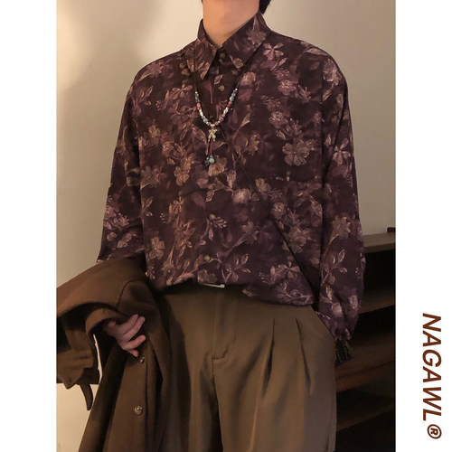 NAGAWL2026春季日系复古花卉印花衬衫男女宽松POLO领长袖百搭上衣