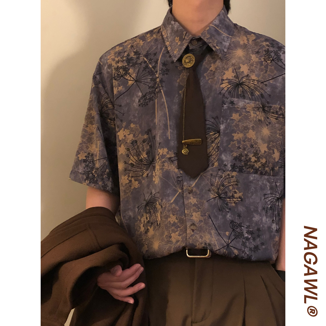 NAGAWL夏季美式复古宽松国风新中式蒲公英印花短袖衬衫上衣男女潮