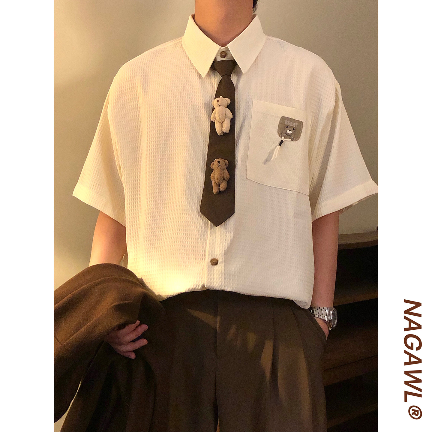 NAGAWL2026夏季美式复古学院风短袖衬衫男女宽松百搭休闲潮牌上衣