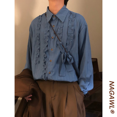 NAGAWL2026春季美式复古木耳边衬衫男女宽松POLO领长袖设计感上衣