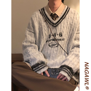 NAGAWL冬季美式复古慵懒学院风风加厚马海毛V领套头针织衫毛衣男