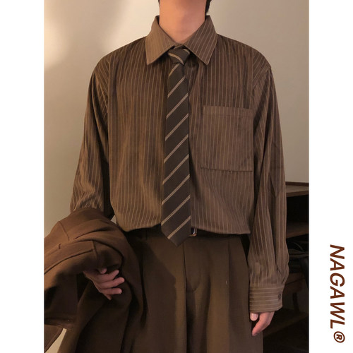 NAGAWL秋季美式复古潮牌美拉德风宽松休闲条纹长袖衬衫上衣外套男