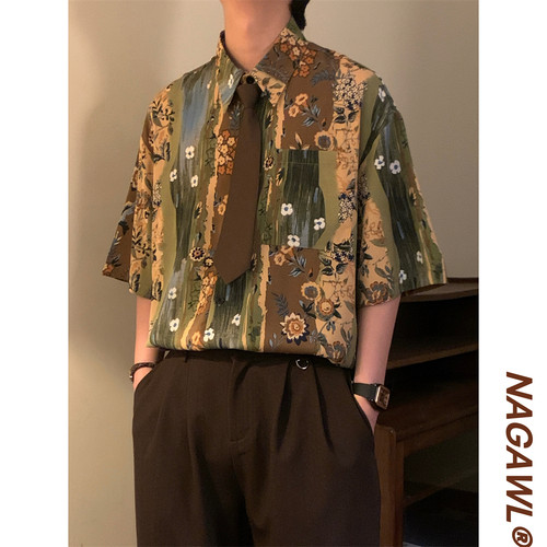 NAGAWL2025夏季新款日系复古油画花卉涂鸦满印短袖衬衫上衣男女潮