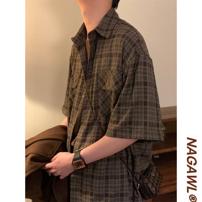 Nagawl2024夏季新款港风宽松潮牌复古学院风格纹设计感短袖衬衫男