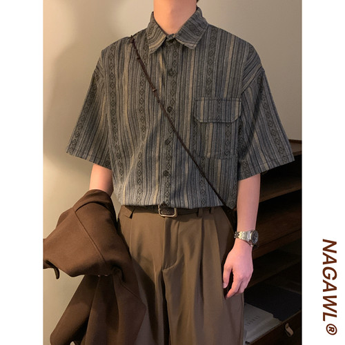 NAGAWL2026夏季美式复古风肌理条纹衬衫休闲宽松百搭潮牌短袖上衣