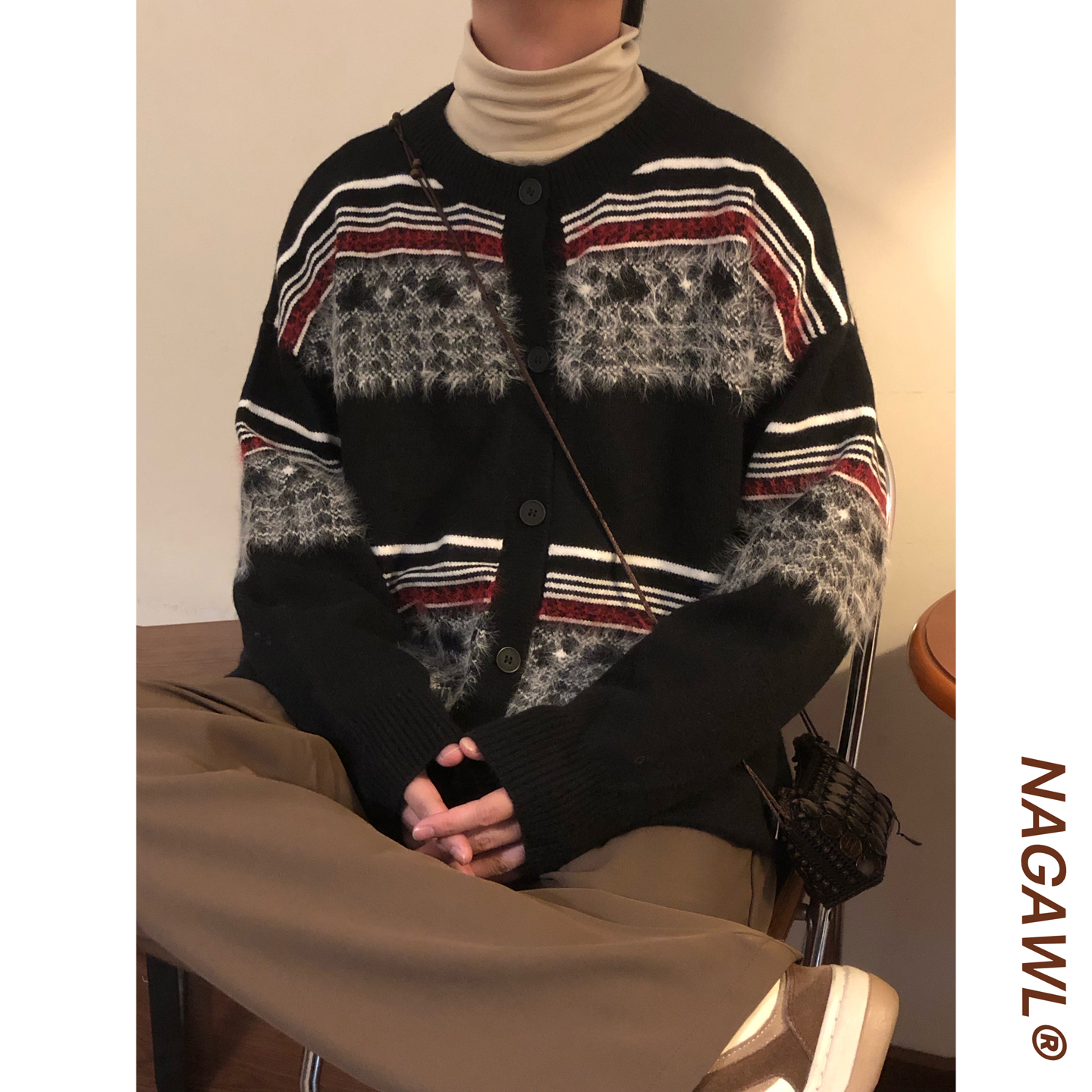 NAGAWL秋冬美式复古潮牌宽松休闲撞色条纹圆领针织开衫毛衣外套男