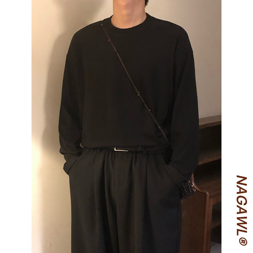 NAGAWL美式复古极简风黑色长袖T恤男女宽松德绒打底衫慵懒感上衣