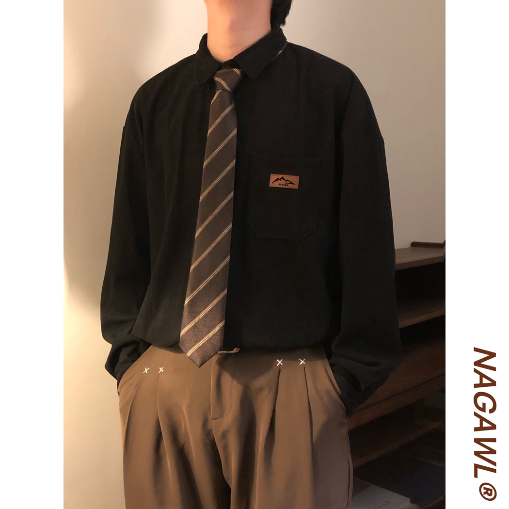 NAGAWL春季美式复古学院风休闲灯芯绒长袖内搭打底衫衬衫上衣男女