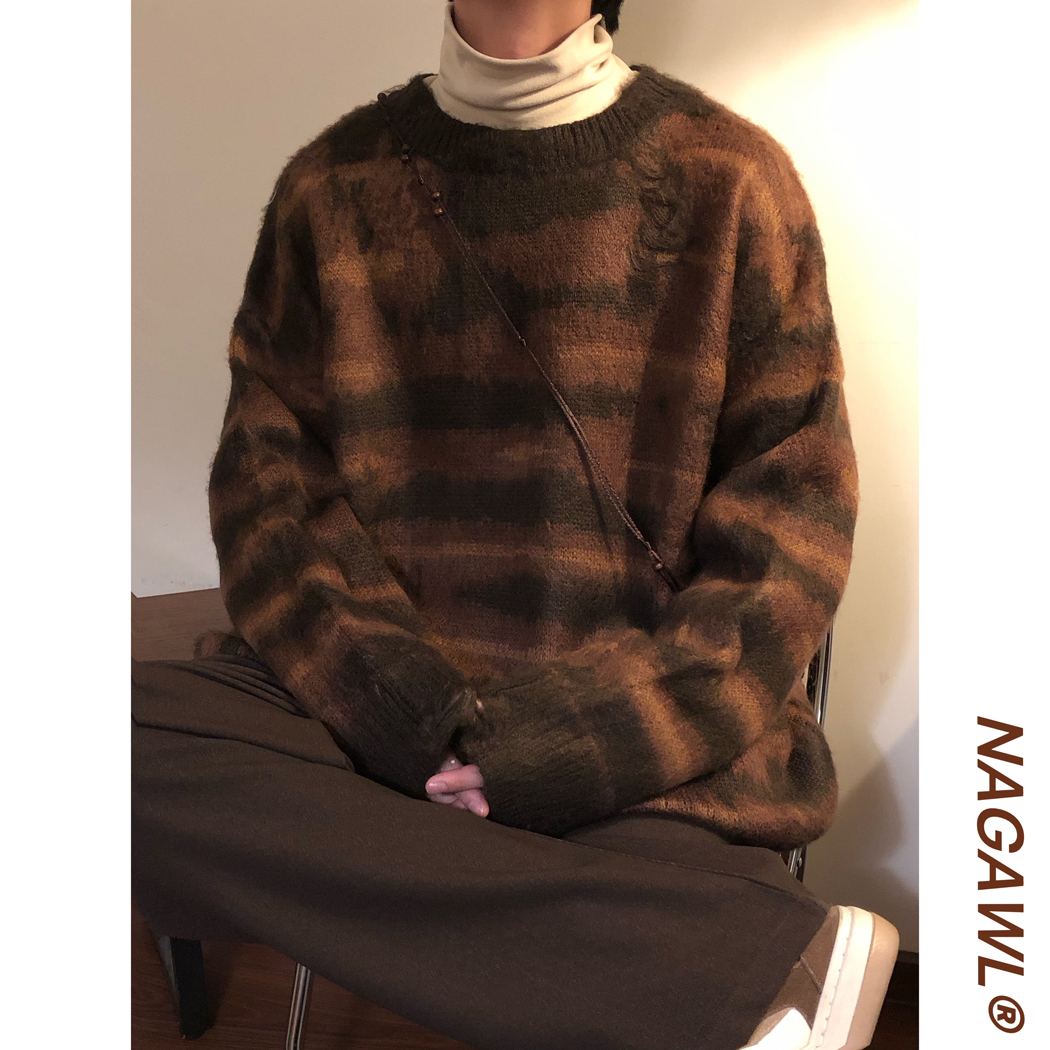 NAGAWL冬季美式复古美拉德慵懒风破坏感条纹针织衫圆领毛衣男女潮