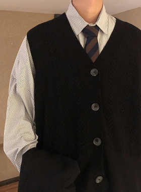 NAGAWL宽松日系复古cityboy潮流百搭黑色针织开衫背心毛衣马甲男