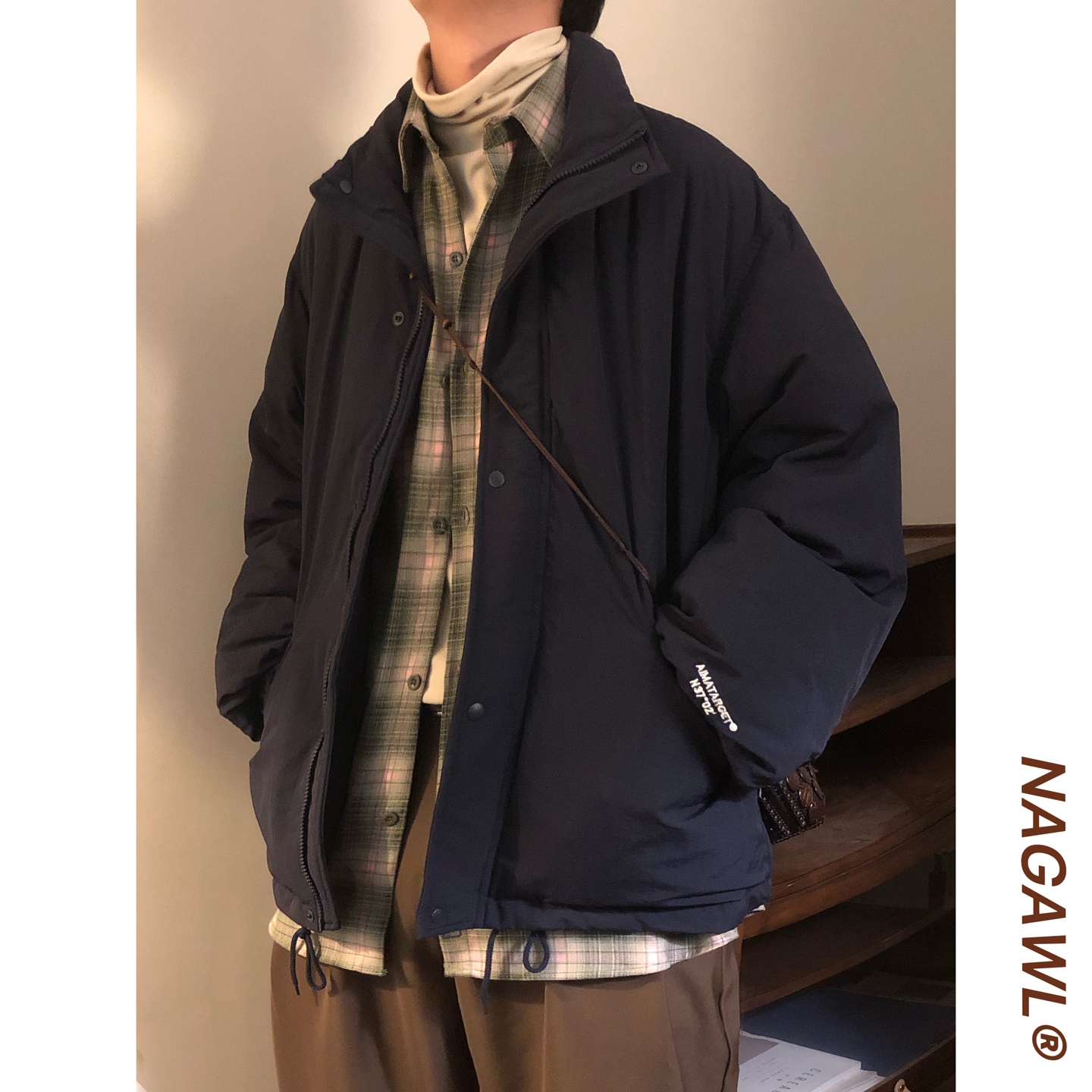 NAGAWL冬季美式复古潮牌宽松简约痞帅保暖加厚休闲立领羽绒服外套