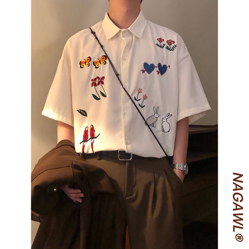 NAGAWL2026夏季美式复古趣味动物刺绣衬衫男宽松百搭潮牌短袖上衣