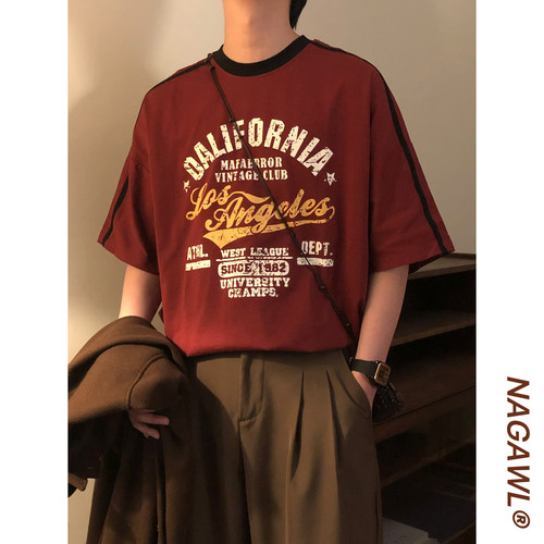 NAGAWL夏季美式复古宽松高街字母做旧印花圆领短袖T恤上衣男女潮