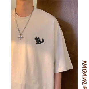 t恤学院风情侣上衣 复古宽松潮流可爱小猫白色短袖 NAGAWL夏季 美式