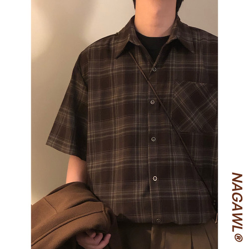 NAGAWL夏季美式复古学院风宽松休闲格子情侣百搭短袖衬衫上衣男女