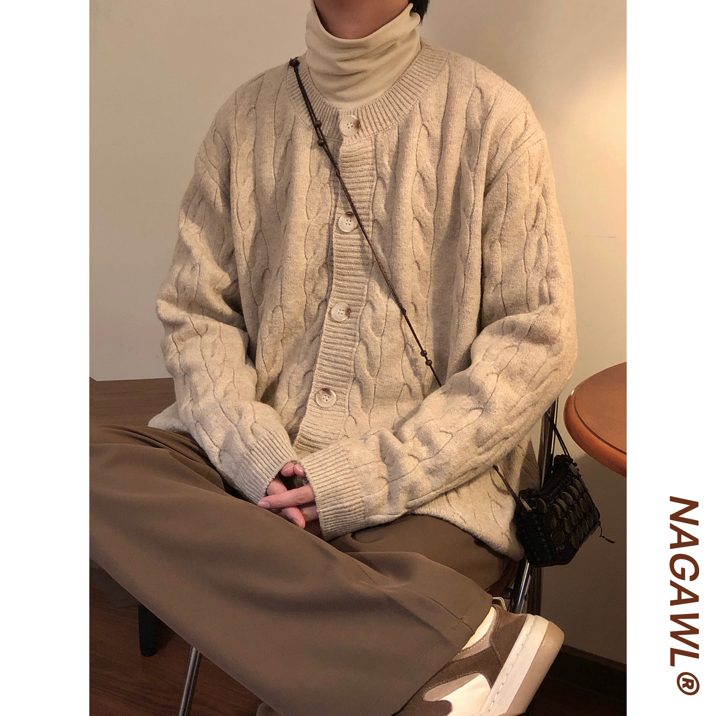 NAGAWL秋冬美式复古学院风麻花宽松休闲百搭圆领针织开衫毛衣外套