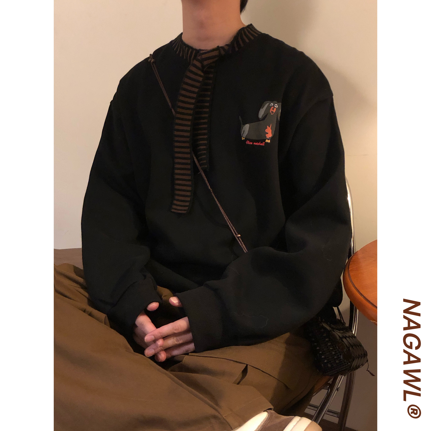 NAGAWL秋冬美式复古宽松潮牌设计感领带休闲小狗印花长袖卫衣男女