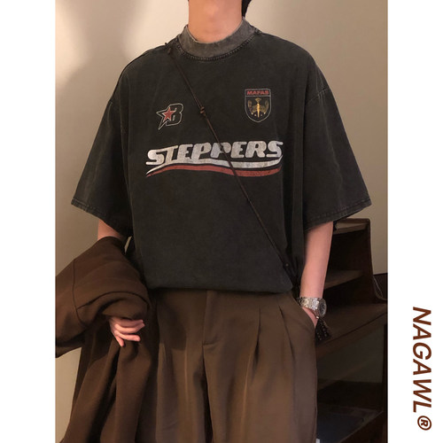 NAGAWL夏季美式复古潮牌宽松做旧街头痞帅个性印花短袖T恤上衣男