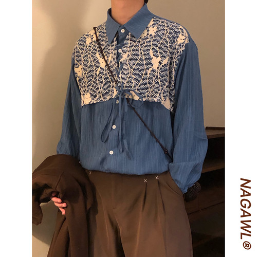 NAGAWL2026秋季美式复古拼接蕾丝假两件衬衫宽松百搭潮牌长袖衬衣