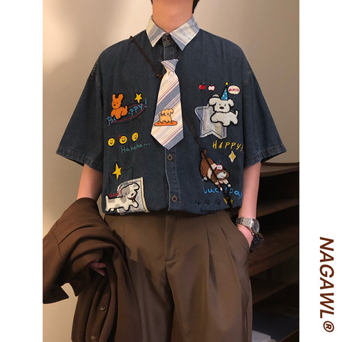 NAGAWL2026夏季美式卡通刺绣牛仔短袖衬衫男女复古学院风潮牌上衣