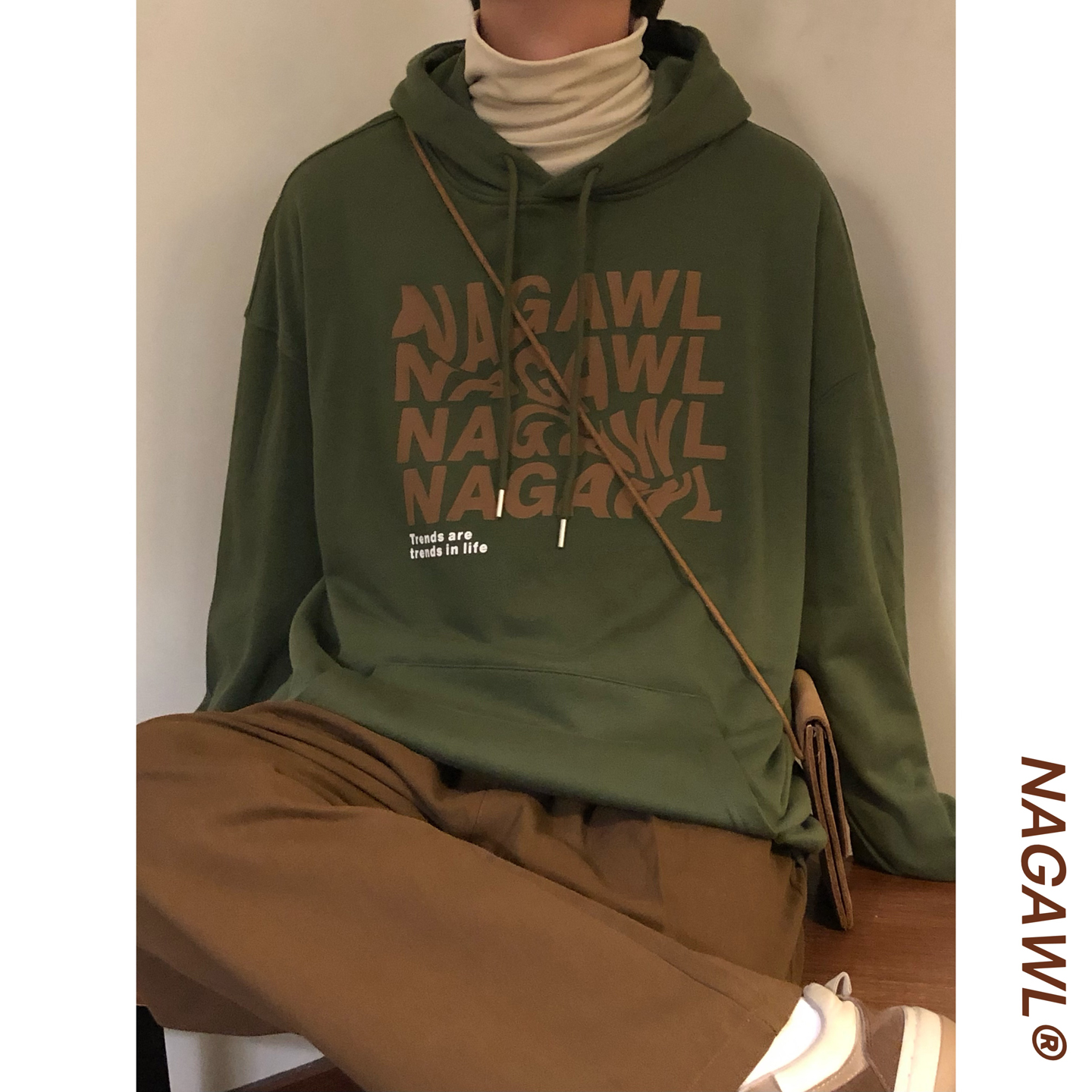 NAGAWL秋季美式复古潮牌字母印花宽松休闲百搭连帽套头长袖卫衣男