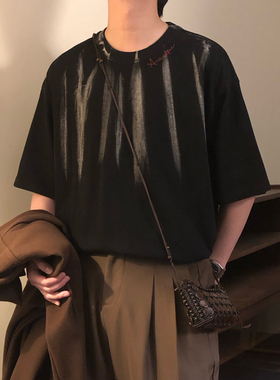 NAGAWL夏季美式复古黑色高级感个性扎染刺绣圆领短袖T恤上衣男潮