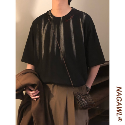 NAGAWL夏季美式复古黑色高级感个性扎染刺绣圆领短袖T恤上衣男潮